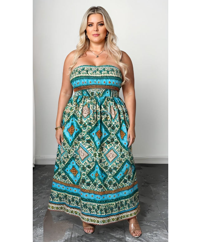 Breezaya plus Size Women'S Boho Floral Printed Strapless Pleated Dress Women Outfit, for Summer
