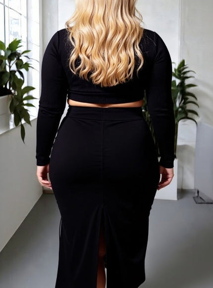 Elegant Black Ruched Midi Skirt with Adjustable Drawstring Split