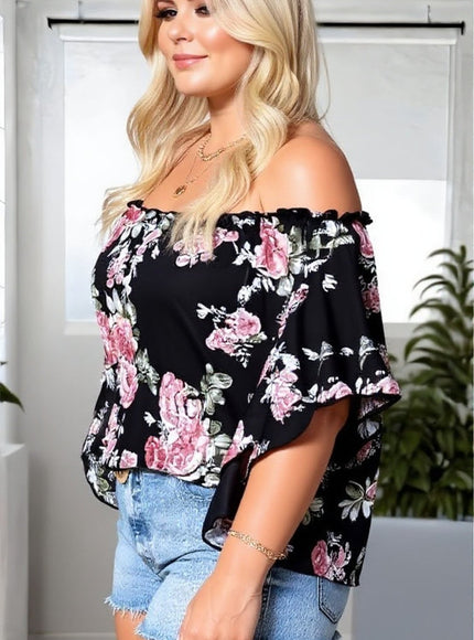 Kissicon Plus Size Floral Ruffle Off-Shoulder Top