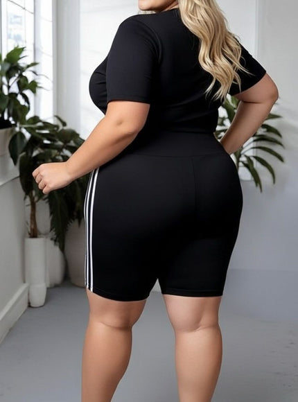 Classic Black High-Waisted Cycling Shorts with Side Stripes – Plus Size Active & Casual Essential