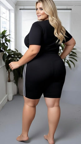 KissICON Classic Black High-Waisted Cycling Shorts with Side Stripes – Plus Size Active & Casual Essential