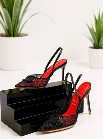 Luxury Mesh Slingback Stiletto Heels with Buckle Detail – Black & Red