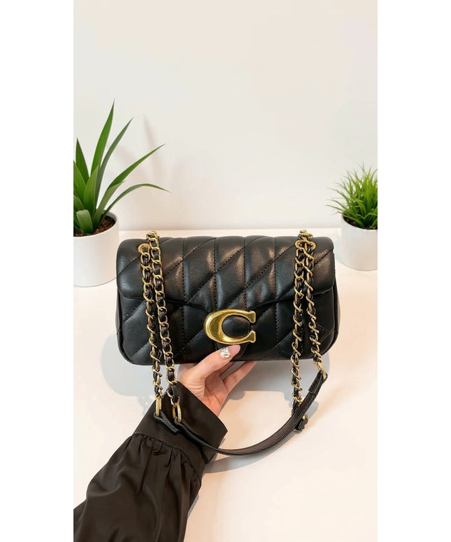 Classic Black Quilted Leather Shoulder Bag with Gold Chain