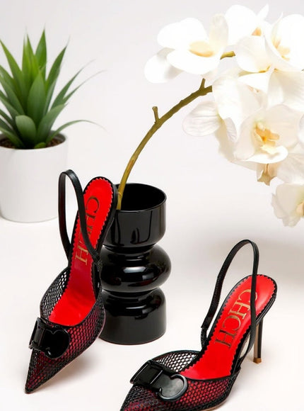 Luxury Mesh Slingback Stiletto Heels with Buckle Detail – Black & Red