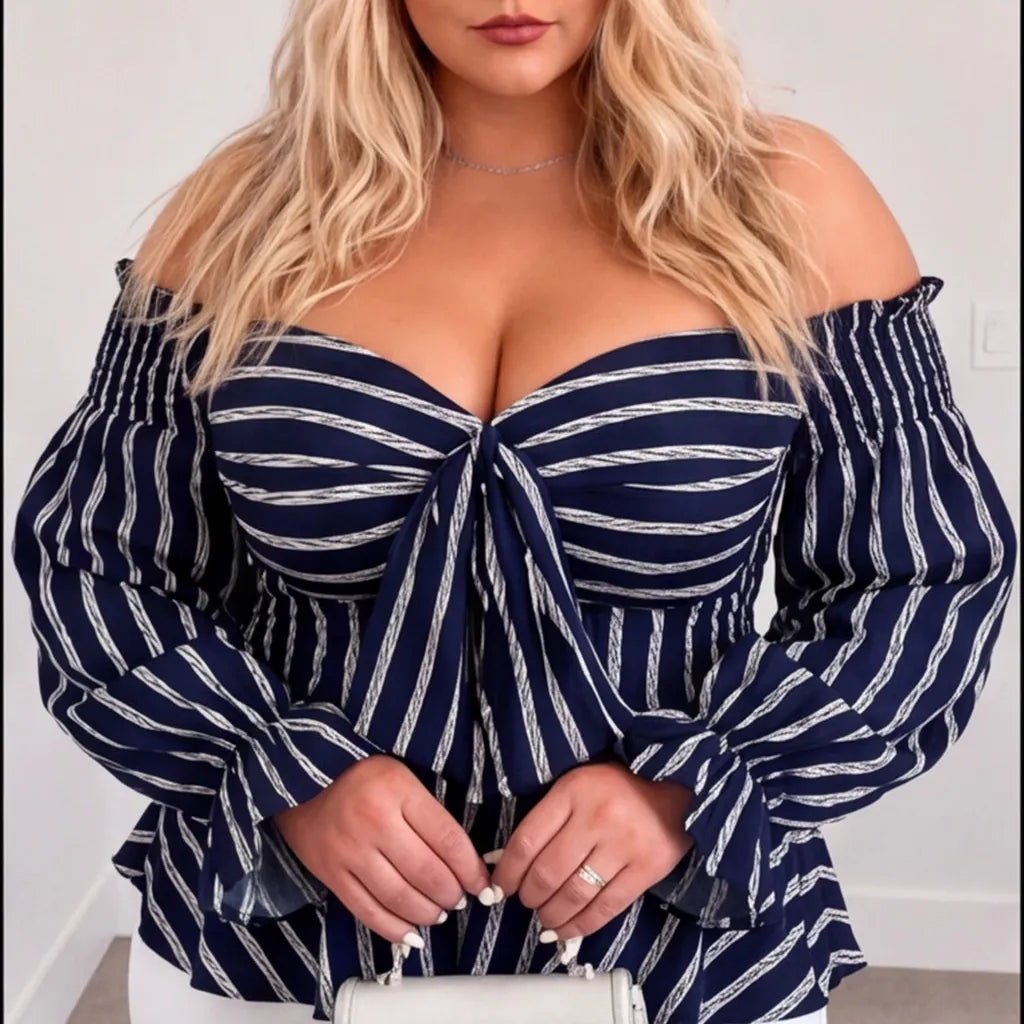 Plus Size Off-Shoulder Striped Peplum Blouse – Navy Blue