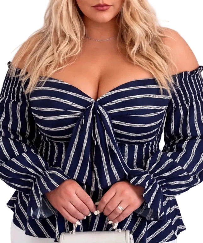 Plus Size Off-Shoulder Striped Peplum Blouse – Navy Blue