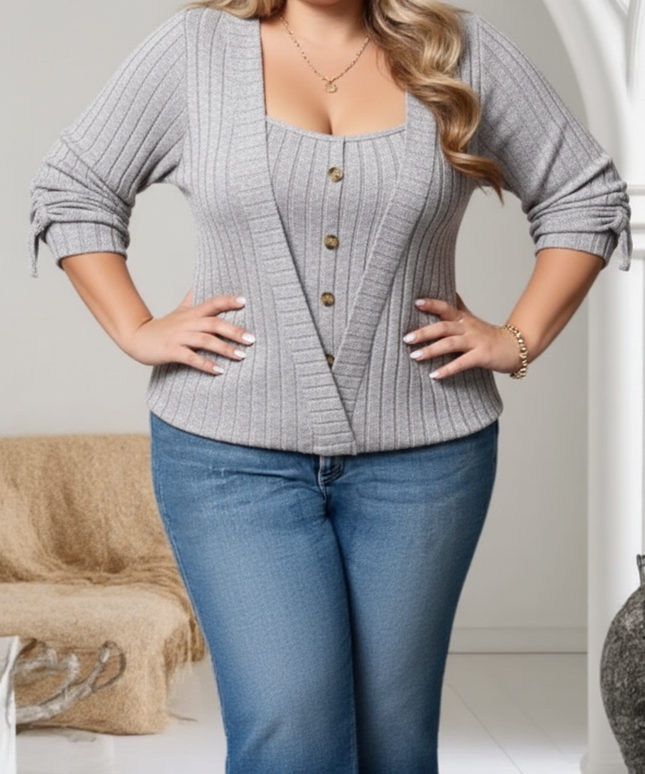 Plus Size Square Neck Buttoned Knit TwoPiece Set