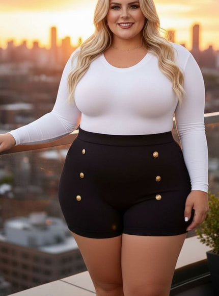 Black High-Waisted Gold Button Shorts – Plus Size Luxe Statement Piece