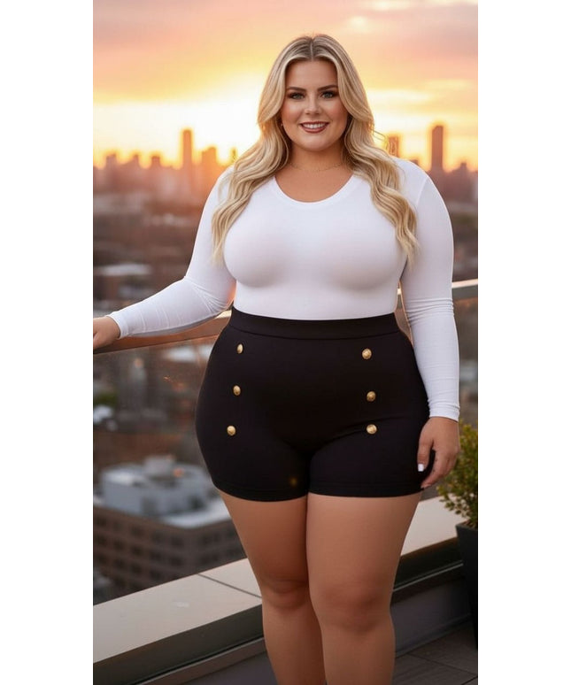 Black High-Waisted Gold Button Shorts – Plus Size Luxe Statement Piece
