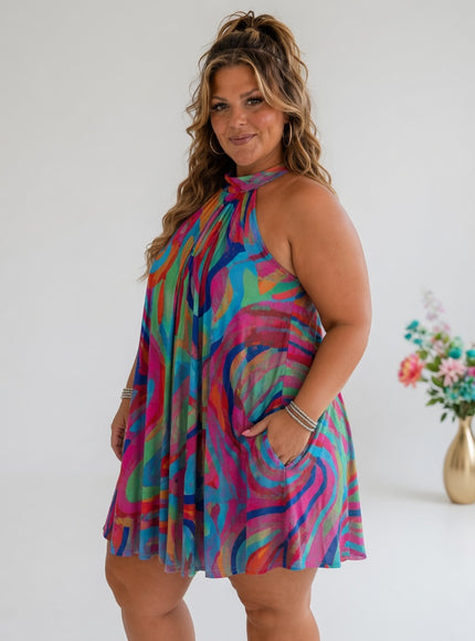 Vibrant Swirl Halter Mini Dress for SpringSummer Beach