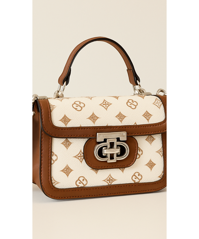 Brown & White Monogram Top Handle Satchel – Crossbody Handbag with Silver Clasp
