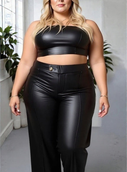 High Waist Faux Leather Wide Leg Trousers – Black