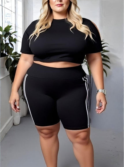 Classic Black High-Waisted Cycling Shorts with Side Stripes – Plus Size Active & Casual Essential