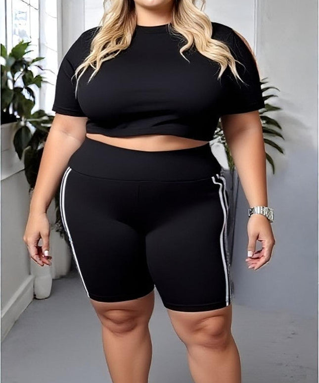 Classic Black High-Waisted Cycling Shorts with Side Stripes – Plus Size Active & Casual Essential