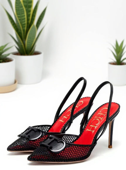 Luxury Mesh Slingback Stiletto Heels with Buckle Detail – Black & Red