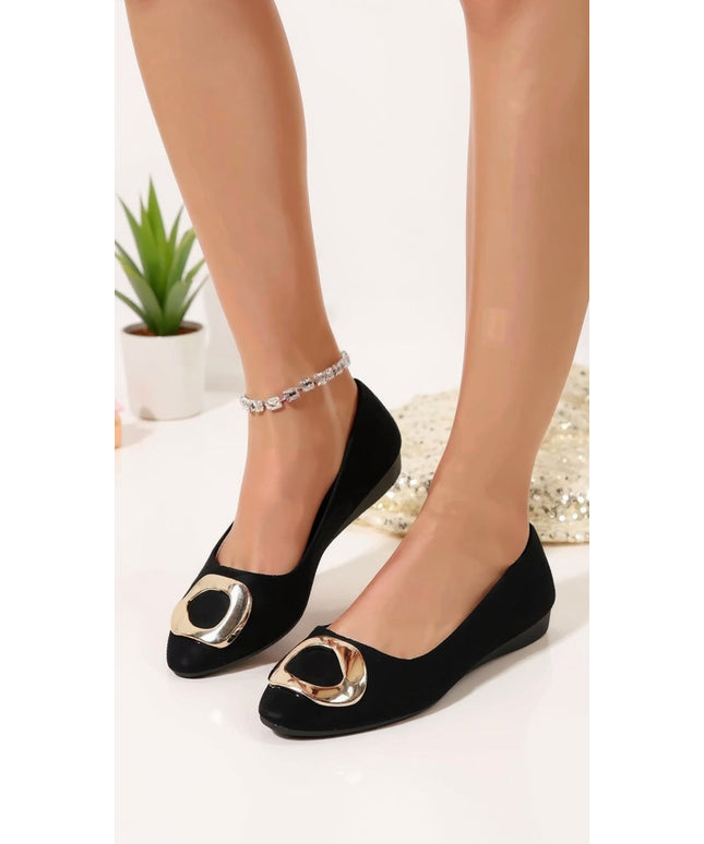 Black Suede Pointed Toe Flats with Gold Buckle Accent