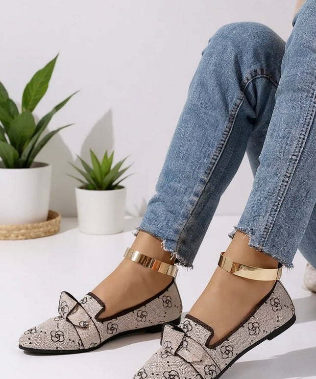 Beige Patterned Bow Detail Pointed Flats