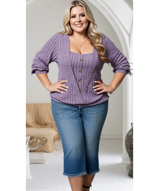 Plus Size Square Neck Buttoned Knit TwoPiece Set