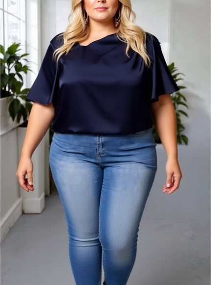 Plus Size Navy Satin Blouse with Flare Sleeves – Effortless Elegance