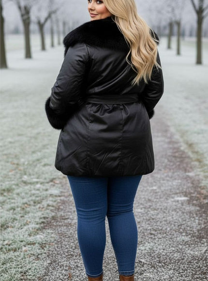 Black Faux Fur Trim Winter Coat – Plus Size Luxury Warmth