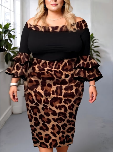 Plus Size Leopard Print Off-Shoulder Bodycon Midi Dress