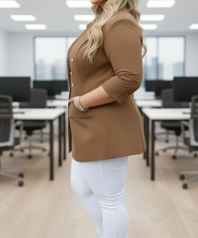 Chic Tan Double-Breasted Blazer – Plus Size Power Dressing