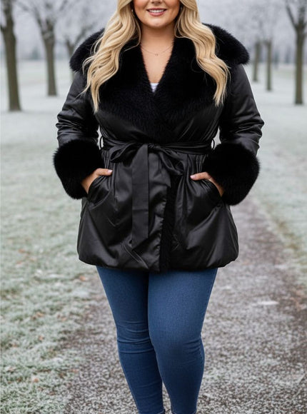 Black Faux Fur Trim Winter Coat – Plus Size Luxury Warmth