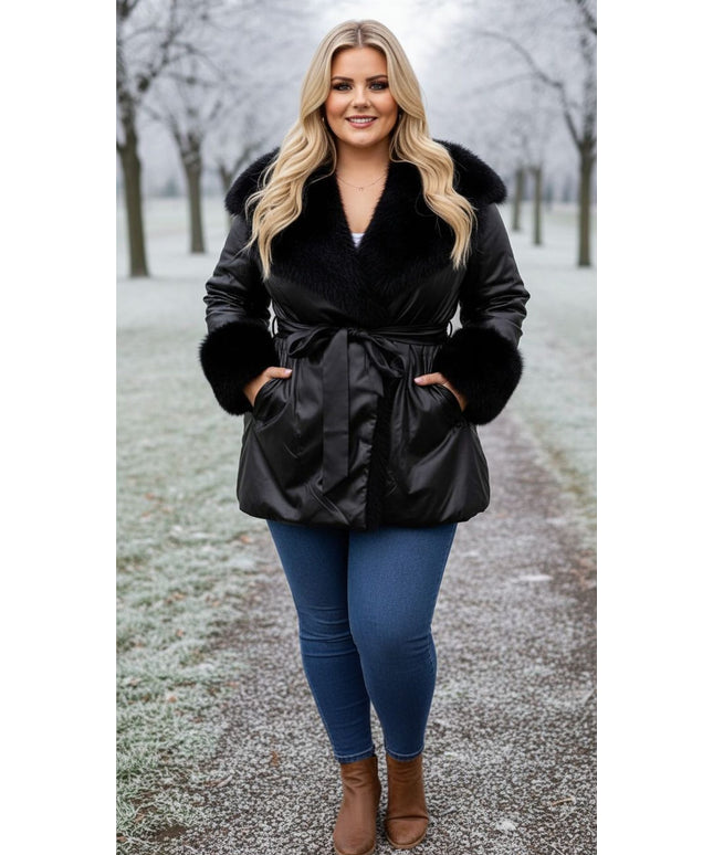 Black Faux Fur Trim Winter Coat – Plus Size Luxury Warmth