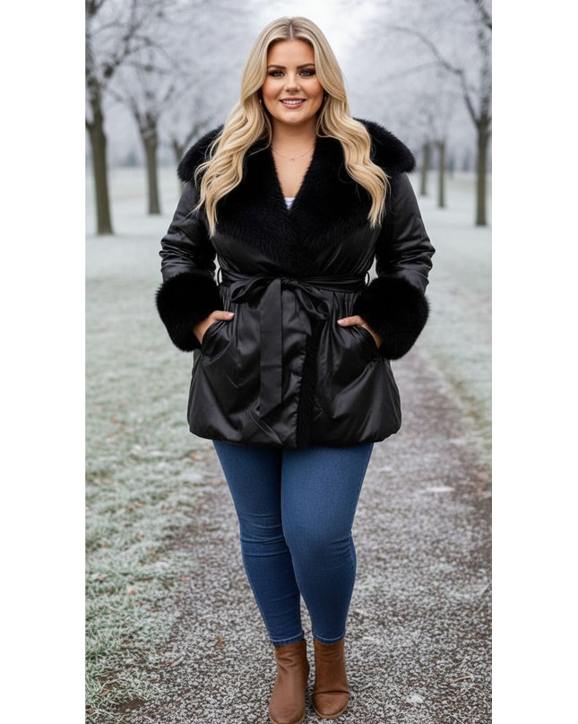 Black Faux Fur Trim Winter Coat – Plus Size Luxury Warmth