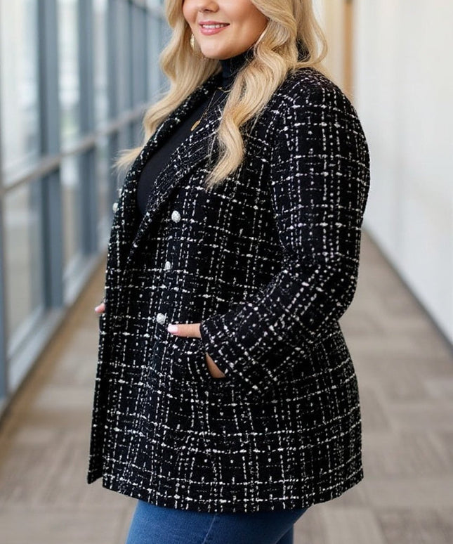 Black & White Tweed Double-Breasted Blazer – Plus Size Office Chic