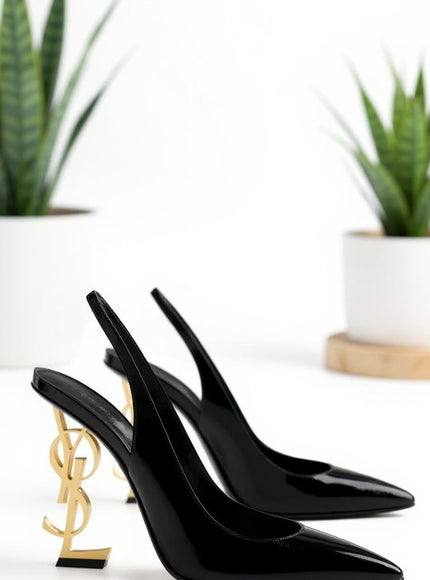 Black Patent Slingback Heels with Sculptural Gold Heel