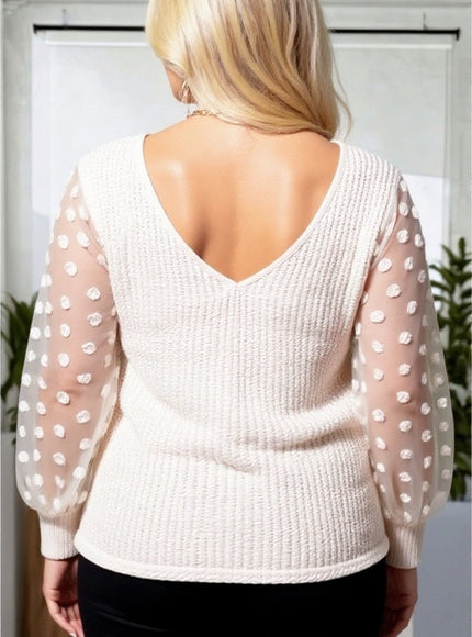 Plus Size Swiss Dot Lantern Sleeve Ruched Side Top