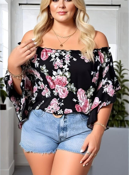 Kissicon Plus Size Floral Ruffle Off-Shoulder Top