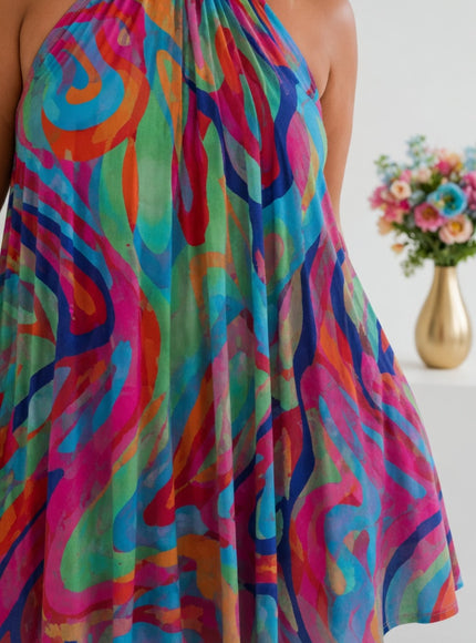 Vibrant Swirl Halter Mini Dress for SpringSummer Beach