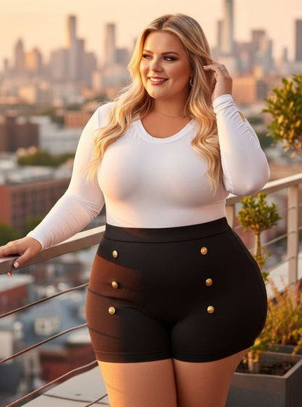 Black High-Waisted Gold Button Shorts – Plus Size Luxe Statement Piece