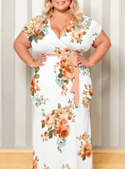 Plus Size Floral Print V-Neck Belted Maxi Dress – Elegant Summer Vacation Outfit