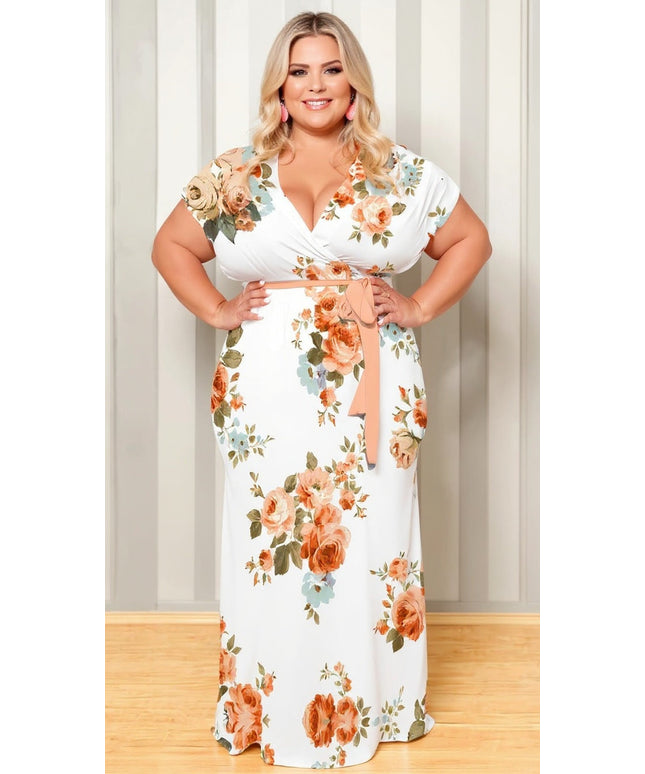 Plus Size Floral Print V-Neck Belted Maxi Dress – Elegant Summer Vacation Outfit