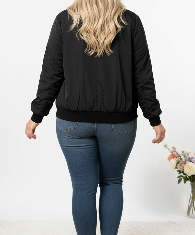 Chic Plus Size Black Bomber Jacket Machine Washable Style