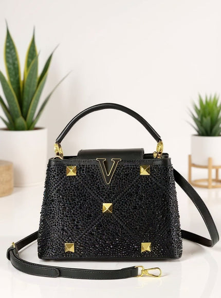 Elegant Black Crystal Studded Handbag with Gold Accents – Luxury Top Handle & Crossbody