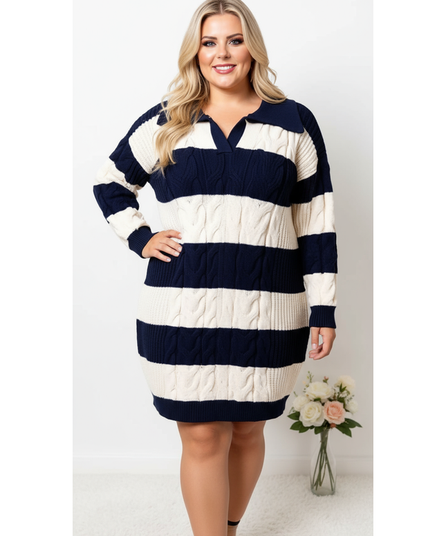 Plus Size Striped Lapel Midi Sweater Dress