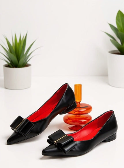 Elegant Black Faux Leather Bow Pointed Flats