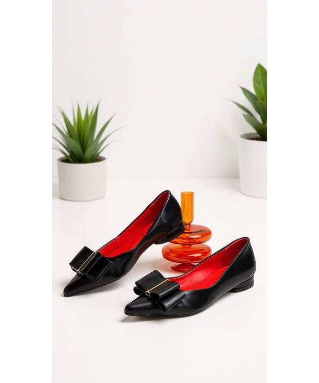 Elegant Black Faux Leather Bow Pointed Flats