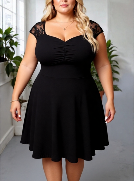 Plus Size Contrast Lace Ruched Dress – Sweetheart Neckline Elegant Party Style