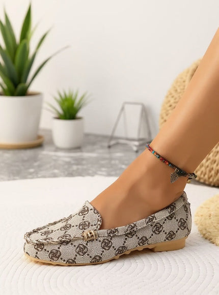 Beige Patterned Slip-On Comfort Loafers