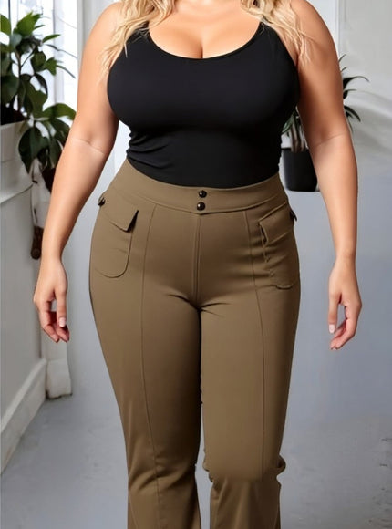 High Waist Khaki Cargo Flare Trousers – Stretch Fit
