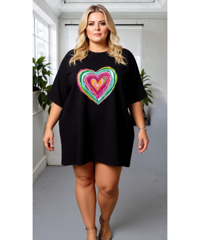 Black Oversized Rainbow Heart T-Shirt Dress – Casual Plus Size Top