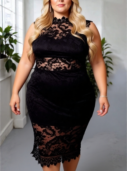 Plus Size White Lace Midi Dress – Cap Sleeve Elegant Mermaid Style Party & Wedding Outfit