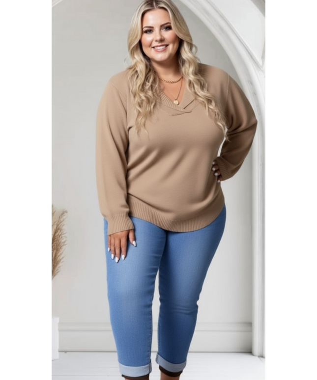 Elegant Beige Plus Size Shawl Collar Cozy Ribbed Sweater