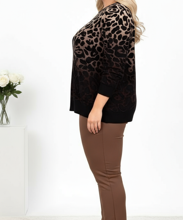 Plus Size Leopard Ombre Crewneck Sweatshirt  Beige to Black