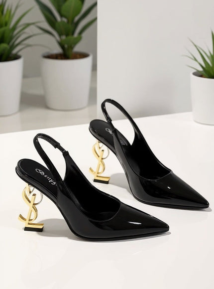 Black Patent Slingback Heels with Sculptural Gold Heel